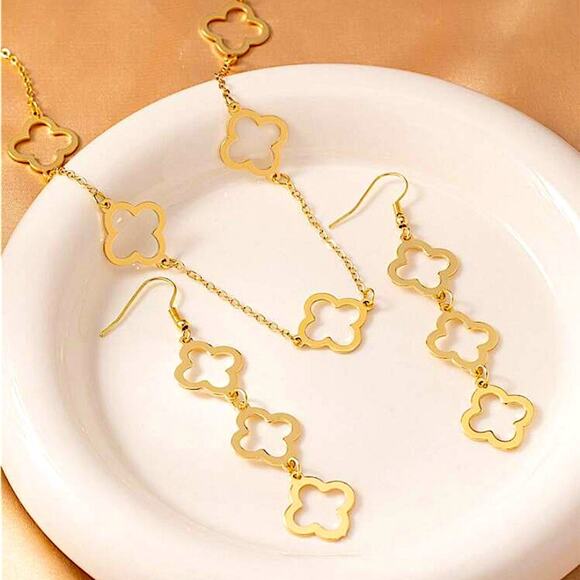 Gold Four Leaf Necklace Earrings Set Luxury Dangle Two Piece Set - Picture 3 of 6